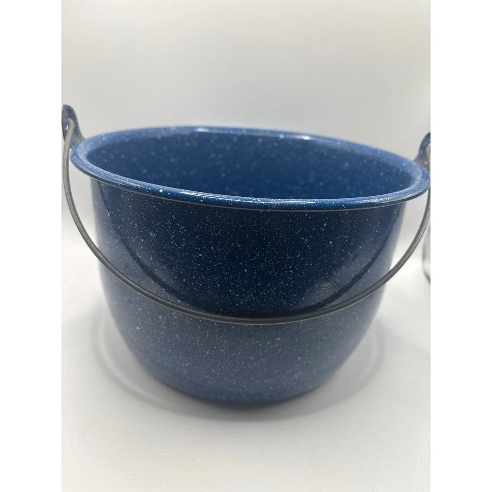 Vintage Blue Speckle Enamelware Pot Wire Bail Handle Graniteware Farmhouse Decor